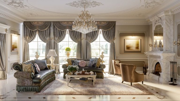 Classical drawing room with draped windows, a chesterfield sofa and gilt-framed pictures