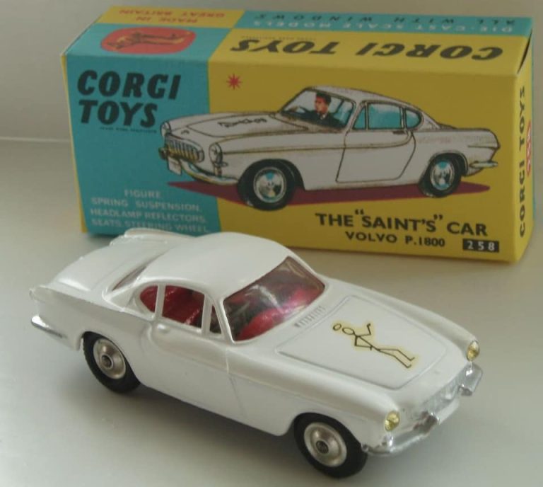 Boxed Corgi Toys die-cast model of The Saint's white Volvo P1800, with original illustrated box